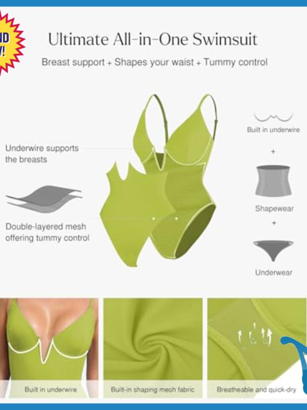 Tummy Control One Piece Swimsuit with Underwire Deep V Neck Shapewear - Picture 3 of 7